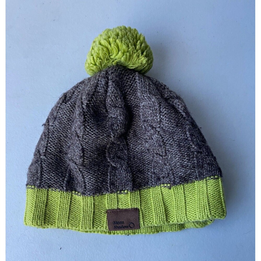 MoonShadow Mens Gray/Green Cable Knit Beanie Hat Pom-Pom Wool Acrylic Canada